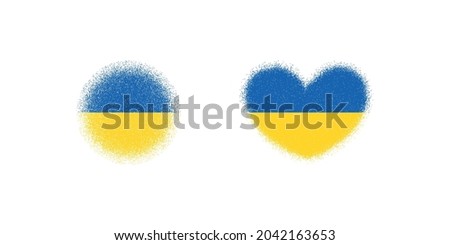 Set of color illustrations of flag, circle, heart on a white background. Design element for emblem, sticker, label, sticker and badge. Vector illustration with grunge texture. Ukraine symbol.