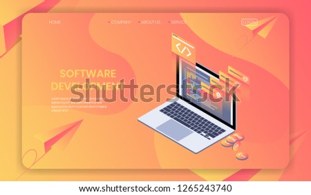 Software Development Isometric concept, web developer, programming language and program code vector.