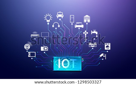 Internet of things. Smartphone network communications with things and objects, mobile device connectivity concept Vector.