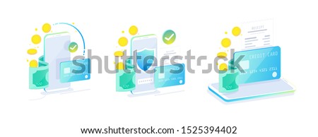 Online Mobile Banking and Internet banking isometric design concept , Cashless society, security transaction via credit card. Set of online payment for web design template vector