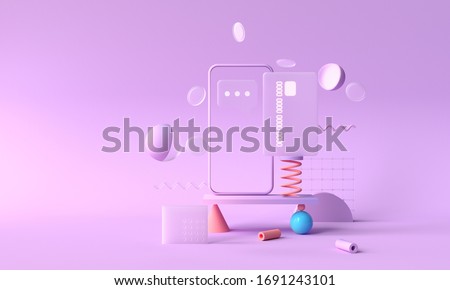 3D rendering payment via credit card concept. Secure online payment transaction with smartphone. Internet banking via credit card on mobile. geometric object floating background.