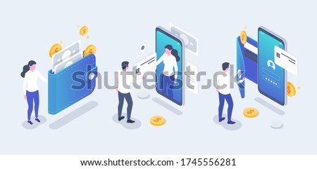 Set of Online payment and online mobile banking concept, Man and woman doing mobile banking and financial with smartphone. Isometric Contactless payment  