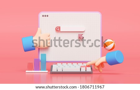 Search bar webpage on pink background. Hand typing for searching on web search concept. 3d rendering