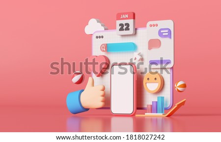 3D Social media platform, online social communication applications concept, emoji, webpage, search icons, chat and chart with smartphone background. 3d illustration