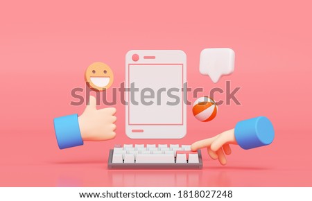 Social Media with photo frame, like button and cartoon hand on pink background illustration. 3D render