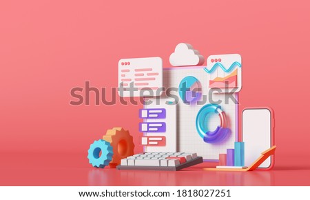 Mobile application, Software and web development with 3d shapes, bar chart, infographic on pink background. 3d rendering