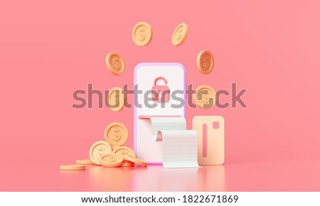 3D rendering payment via credit card concept. Secure online payment transaction with smartphone. Internet banking via credit card on mobile. object floating background.