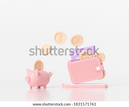 3D rendering saving money concept. money transfer to piggy bank. wallet, coins, credit card and piggy bank on white background