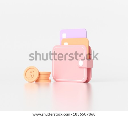 3D minimal money saving concept. wallet and coins, credit card on white background, 3d icon.