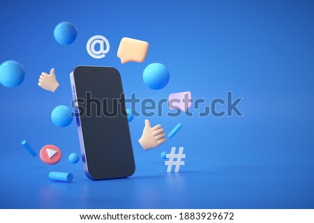 3D Trend Social Media Platform, online social communication applications concept, emoji, hashtag, chat bubbles floating with smartphone on blue background. 3d illustration