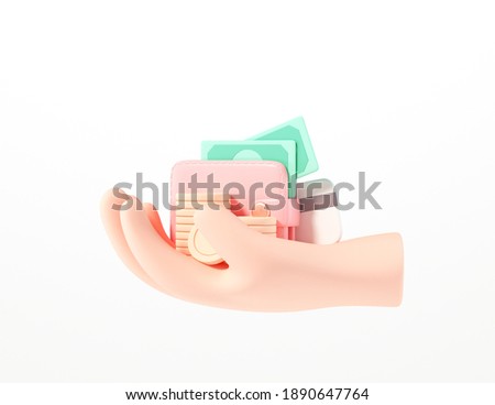 3D Hand holding wallet, coin stack, bills and credit card on isolate white background, money saving, online payment and payment concept. 3d render illustration