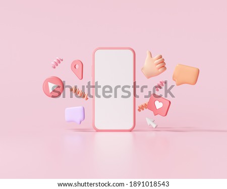 3D render Social Media with photo frame, like button and geometric shapes on pink background illustration.