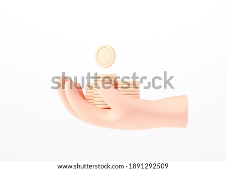 3D Hand holding coin stack on isolate white background, money-saving, online payment, and payment concept. 3d render illustration