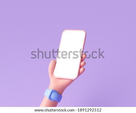 3D Cartoon hand holding smartphone isolated on purple background, Hand using mobile phone mockup. 3d render illustration