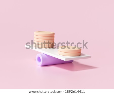 3D Minimal Coins stacks on weighing scales, financial management, financial analysis, money-saving and money exchange concept. 3d render illustration