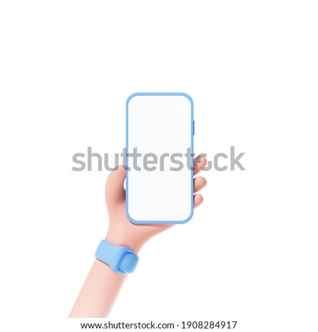 3D Smartphone holding on isolate white background. phone screen for template replacement, cartoon hand. 3d render illustration.