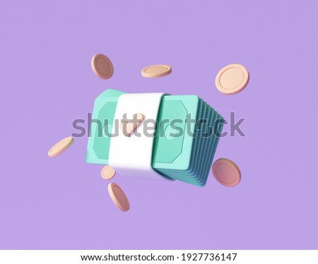 Bundles cash and floating coins around on purple background. money-saving, cashless society concept. 3d render illustration
