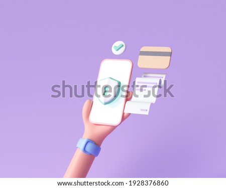 3D Handhold phone financial security, online payment protection, online transaction, online banking and online shopping. 3d render illustration  