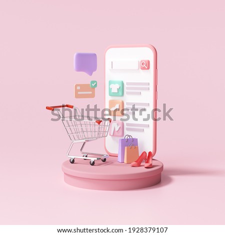3D Minimal online shopping on smartphone application service, digital marketing, online buying, and online payment concept. 3d banner background.