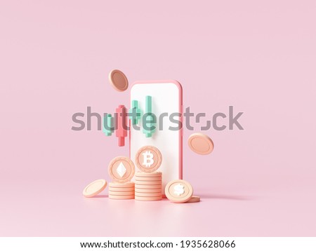 Cryptocurrency trend trading and growing, bitcoin rising all time high with graph, bitcoin investment on smartphone concept. 3d render illustration