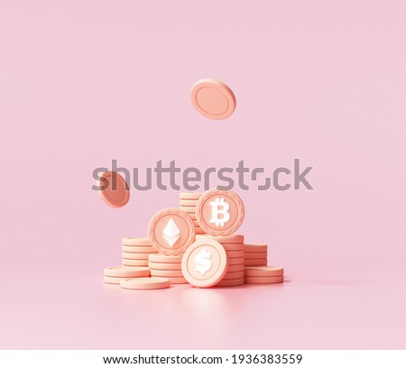 Stacks of bitcoins cryptocurrency on pink background. 3d render illustration