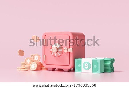 Red Safe box with bitcoin cryptocurrency coins and stacks of dollar cash font view on pink background. 3d render illustration