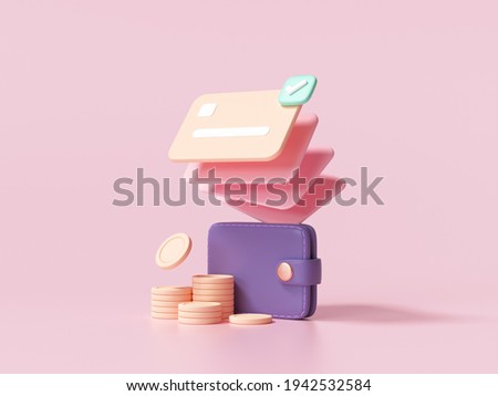 Cashless society, credit card, wallet and coins stack on pink background. money-saving, online payment concept. 3d render illustration