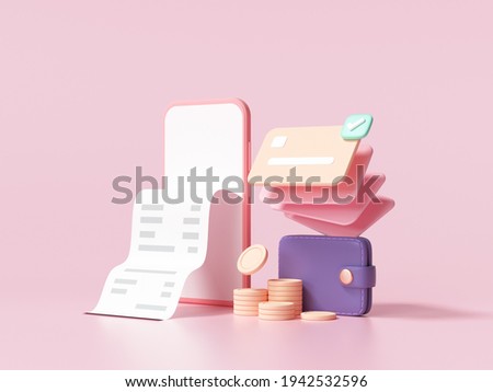 Cashless society, credit card, wallet and smartphone with a transaction on pink background. money-saving, online payment concept. 3d render illustration