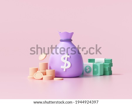 3D Money concept. money bag, coins stack and banknotes. 3d render illustration