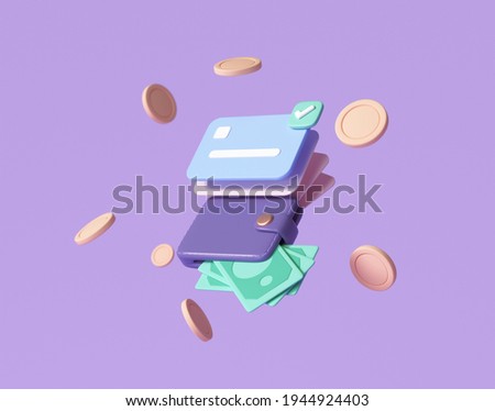 Credit card and banknotes, floating coins around on purple background. money-saving, cashless society concept. 3d render illustration
