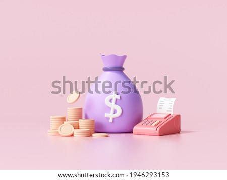 Money saving concept. money bag, coin stacks and pos terminal on pink background. 3d render illustration