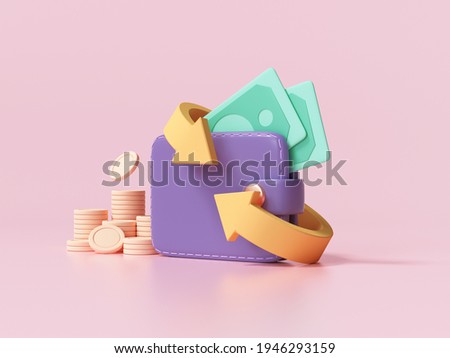 Cashback and money refund icon concept. Wallet, dollar bill and coin stack, online payment on pink background. 3d ender illustration 