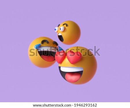 3D  Emoji and emoticon faces. Floating Emojis or emoticons with surprise, funny, and laughing isolated in purple background. 3d render illustration.
