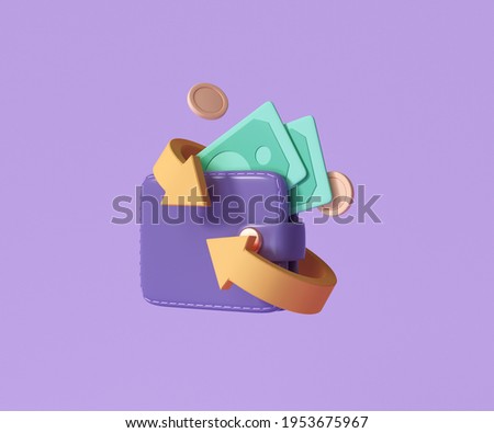 Cashback and money refund icon concept. Wallet, dollar bill and coin stack, online payment on pink background. 3d render illustration 