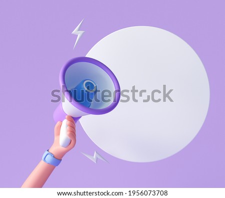 Cartoon hand holding megaphone with speech bubble on purple background with copy space. 3d render illustration
