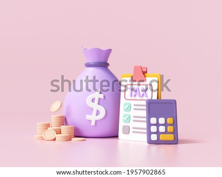 Tax payment and business tax concept. Money bags, coins, calculator and tax form on pink background. 3d render illustration