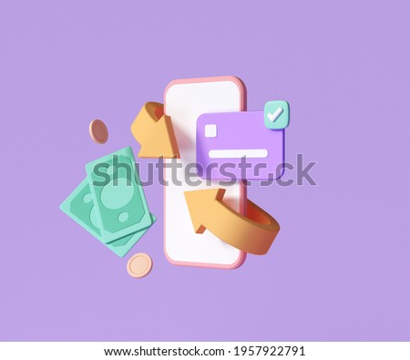 Cashback and money refund icon concept. banknote, credit card and coin stack with smartphone, online payment background. 3d render illustration 