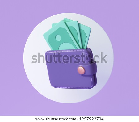 Wallet and banknote icon, Money saving concept. 3d render illustration
