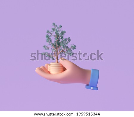 3D Hand holding coin stack with growing tree for business investment, finance strategy and money management concept. 3d render illustration