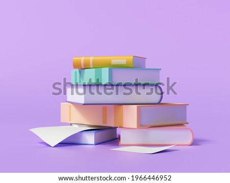 3d render stack of books and paper on purple background, 