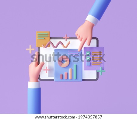 Online marketing, financial report chart, data analysis, and web development concept. Hand holding tablet with data chart. 3d render illustration