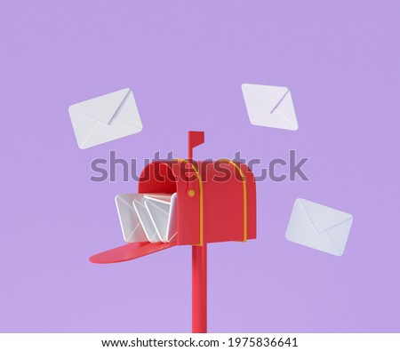 3D Red mailbox with flying envelope, mail delivery, and newsletter concept. 3d render illustration