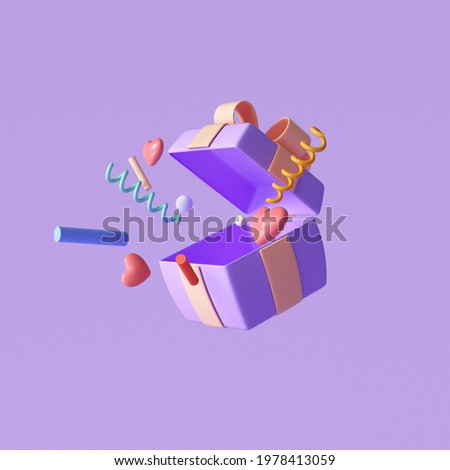 3D Purple surprise gift box, open gift box with objects explosion, greeting, lucky, special offer concept. 3d render illustration