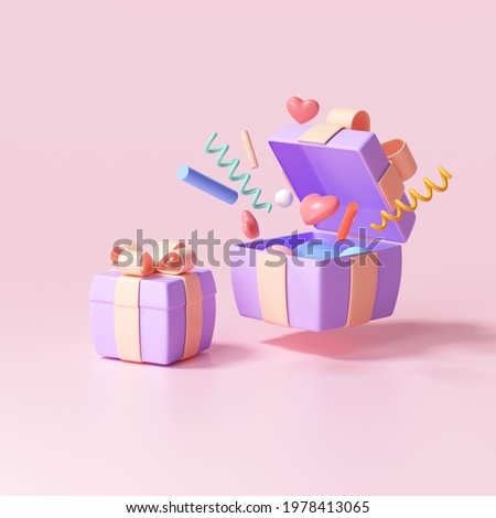 3D surprise gift box, open gift box with objects explosion, greeting, lucky, special offer concept. 3d render illustration
