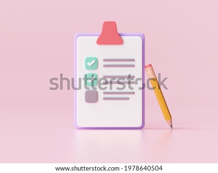 White clipboard with checklist on pink background. 3d render illustration.