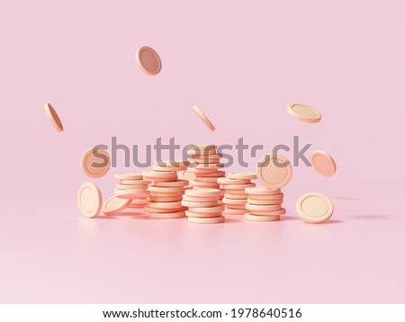 Coin stacks with falling coin on pink background, business investment profit, money saving concept. 3d render illustration.