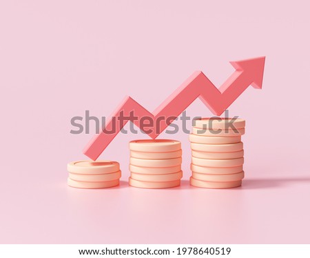 Red up arrow and coin stacks on pink background. Financial success and growth concept. 3d render illustration 商業照片 © 