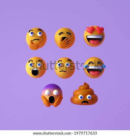 Set of Realistic Emoji or emoticon faces icon. Floating Emojis or emoticons with surprise, funny, and laughing isolated on purple background. 3d render illustration.