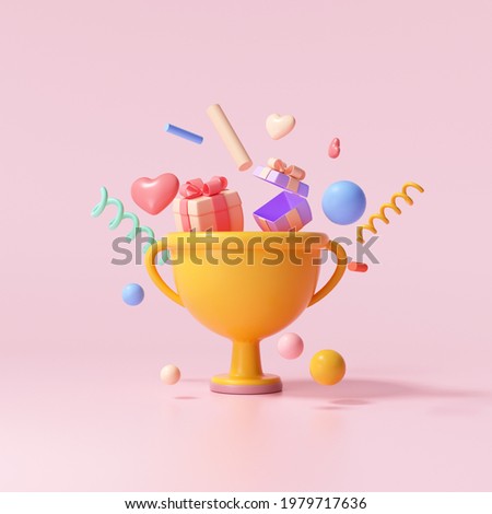 3D Trophy cup with floating gift, heart, ribbon and geometric shapes on pink background, celebration, winner, champion and reward concept. 3d render illustration Stockfoto © 