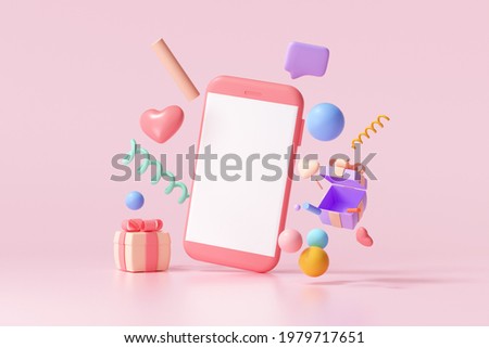 3D render mobile phone with blank screen and floating gift, heart, ribbon and geometric shapes on pink background 